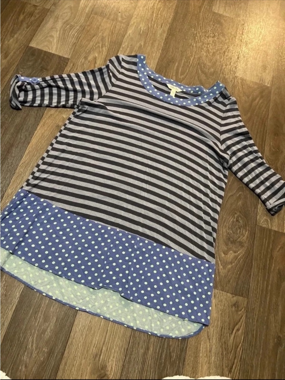 Matilda Jane Navy and Gray Striped Tunic with Blue Polka-Dot Trim